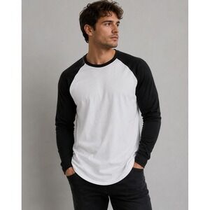 Royal Avalon Mens Baseball Raglan T-Shirt White Black Long Sleeve Cotton L